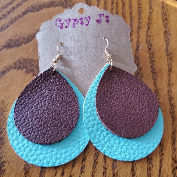 Hand Crafted Jewelry - Genuine Leather Brown & Aqua Teardrop Earrings